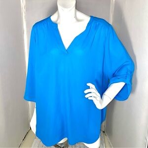 Worthington Bright Blue V-Neck Blouse with Roll-Tab Sleeves
